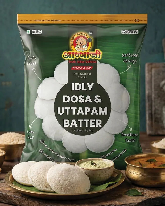 Aannaji idli dosa batter packaging designed by Sigil Advertising, Pune