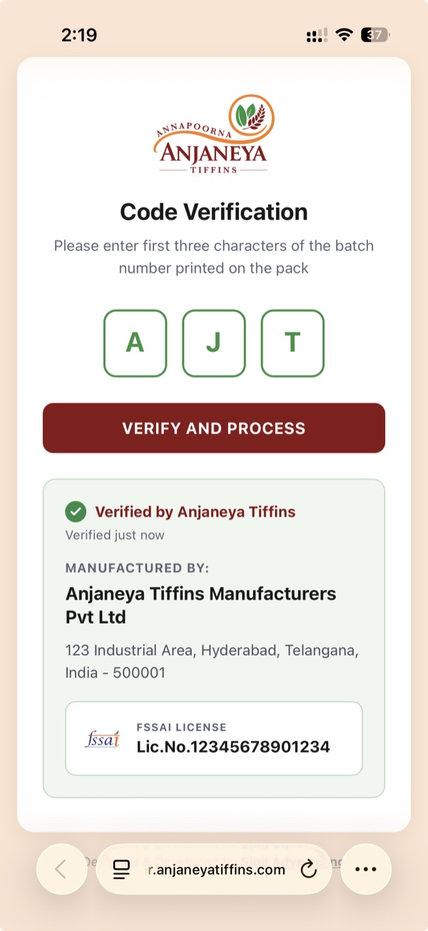 Anjaneya Tiffins QR verification app — verified manufacturer result