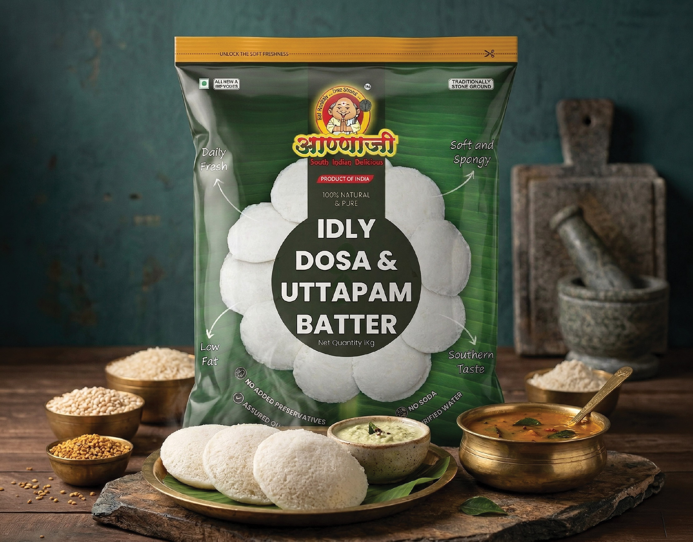 Aannaji idli dosa batter packaging by Sigil Advertising Pune