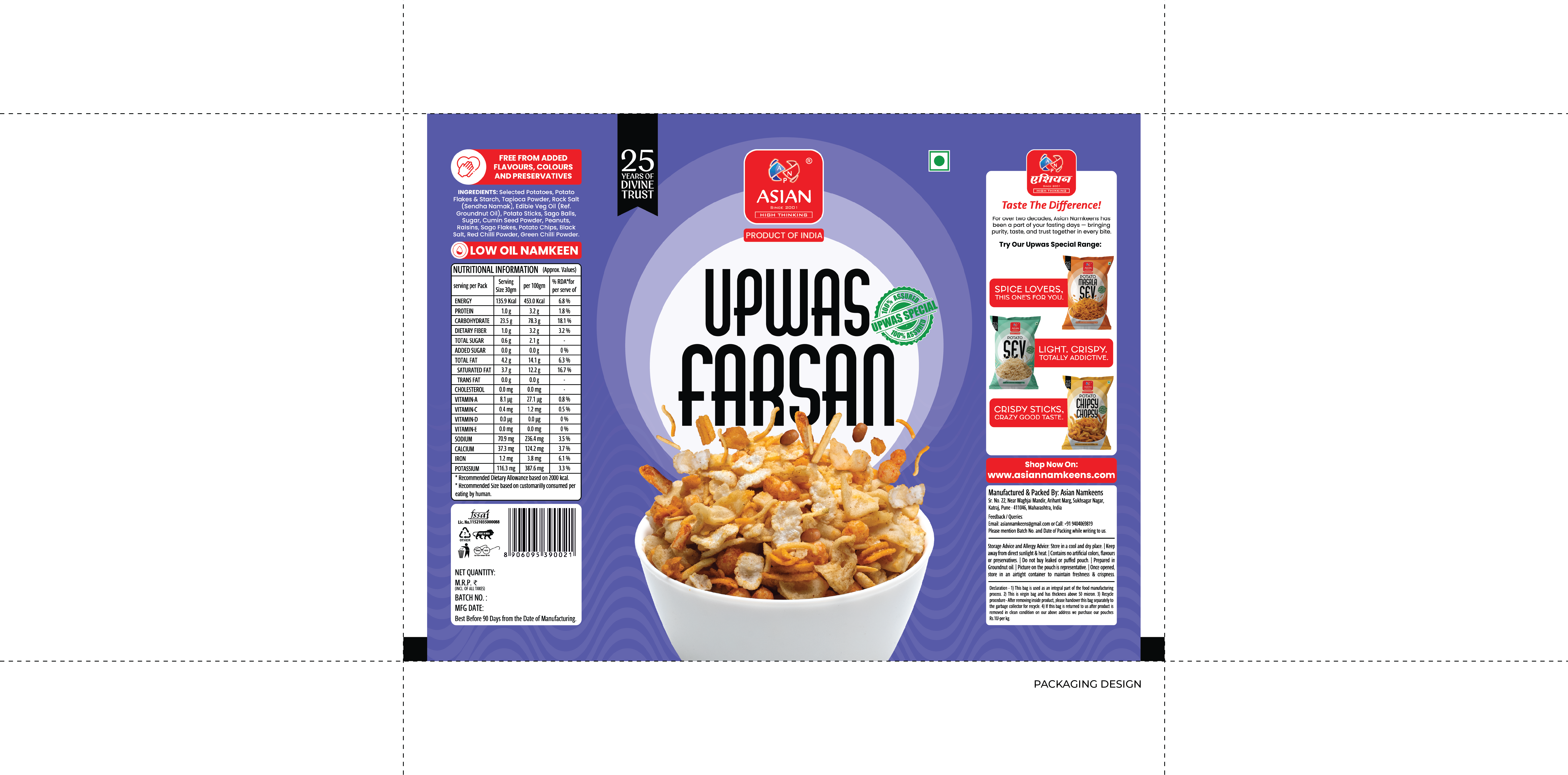 Asian Namkeens packaging flat design by Sigil Advertising Pune