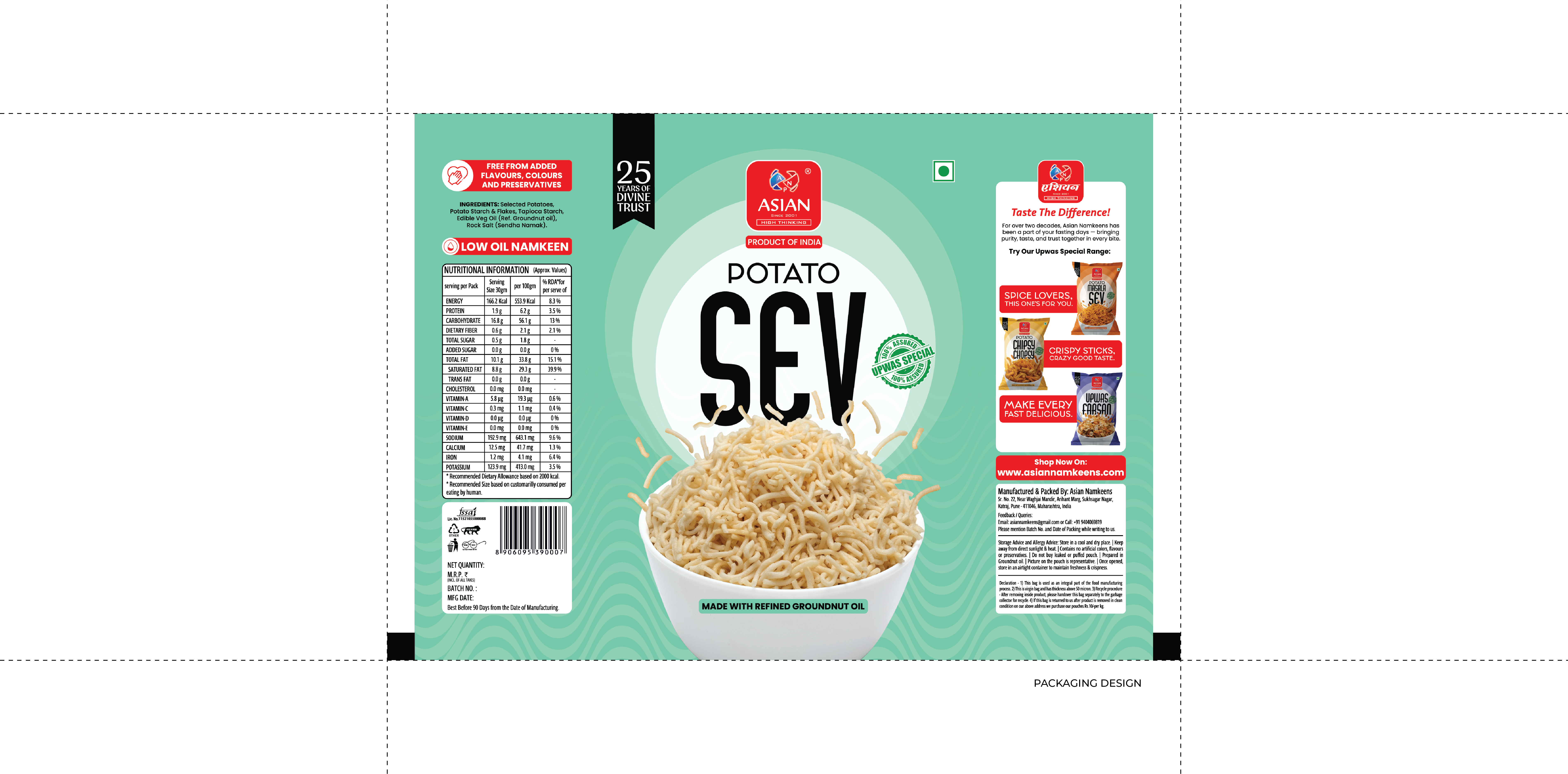 Asian Namkeens packaging flat design by Sigil Advertising Pune