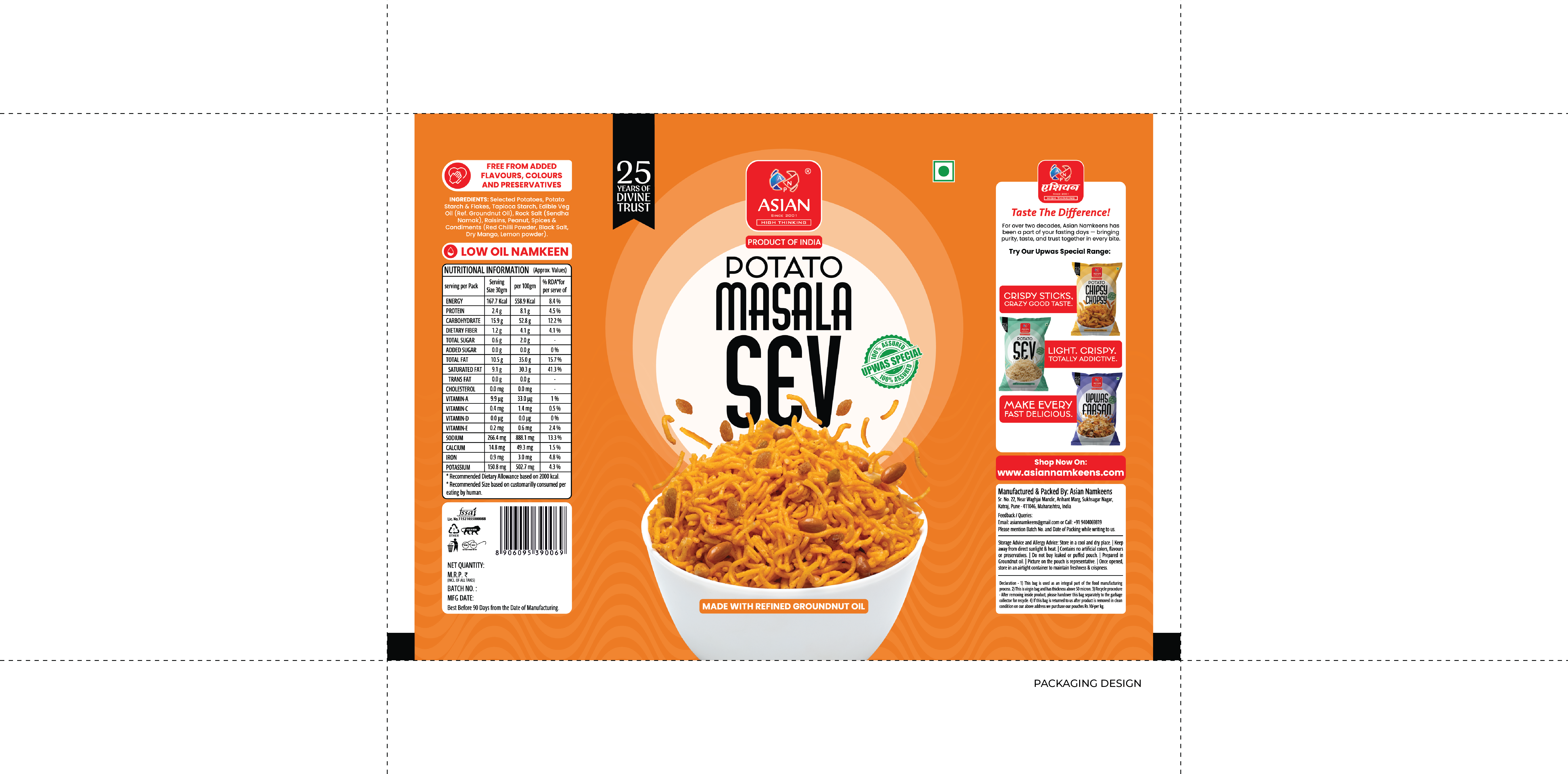 Asian Namkeens packaging flat design by Sigil Advertising Pune